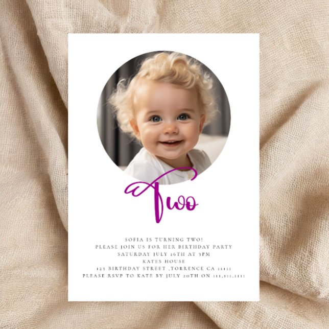 Cute simple  second birthday photo  invitation (modern,minimalist,bohemian,pink and white,heart invitation,photo invitation,simple photo,simplistic)