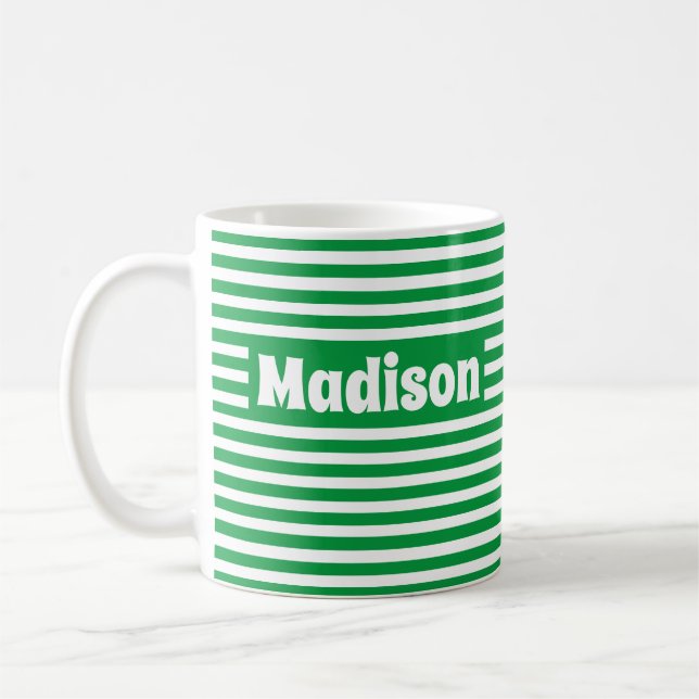 Cute Simple Stripes Green and White Custom Name Coffee Mug (Left)