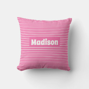 Cute Simple Stripes Pink and White Custom Name Throw Pillow