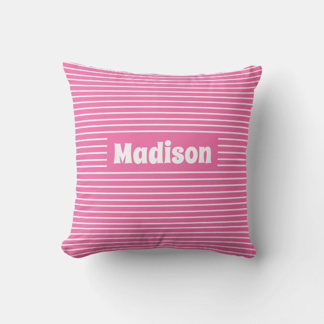 Cute Simple Stripes Pink and White Custom Name Throw Pillow (Front)