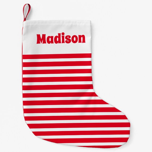 Cute Simple Stripes Red and White Design Name Small Christmas Stocking (Front)