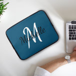 Cute Simple Stylish Monogram Name Initial Blue Laptop Sleeve<br><div class="desc">Laptop case with a dark blue background and white custom monogram first initial and first name.</div>