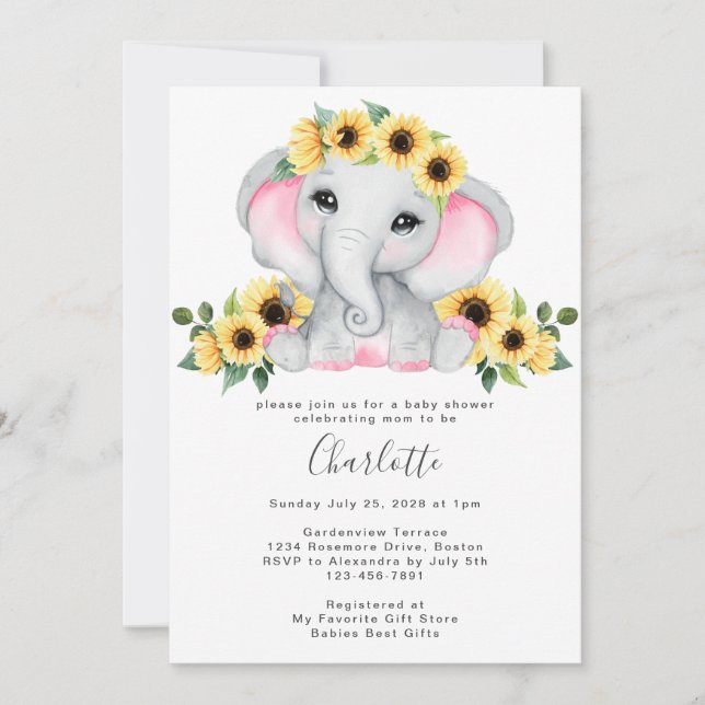 Cute Simple Sunflower Elephant Baby Girl Shower Invitation (Front)