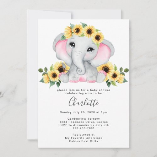 Cute Simple Sunflower Elephant Baby Girl Shower Invitation