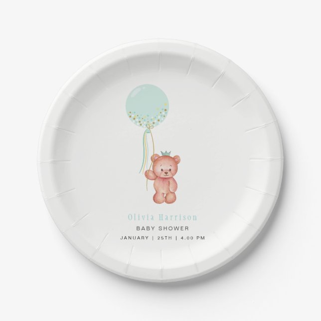 Cute Simple Teddy Bear Baby Shower  Paper Plates (Front)