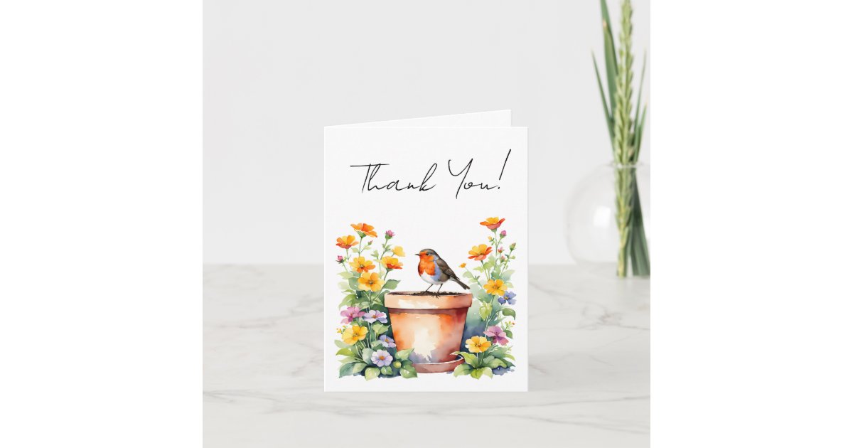 Cute simple thank you watercolor robin & flowers card | Zazzle