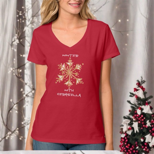 Cute simple typography winter snowflake red gold T-Shirt (Creator Uploaded)