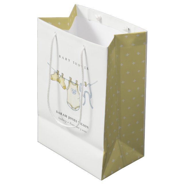 Cute Simple Yellow Baby Clothesline Baby Shower Medium Gift Bag (Front Angled)