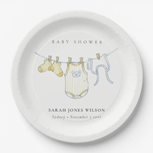 Cute Simple Yellow Baby Clothesline Baby Shower Paper Plates