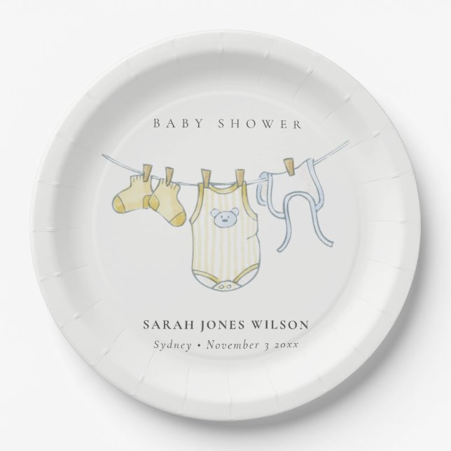 Cute Simple Yellow Baby Clothesline Baby Shower Paper Plates (Front)