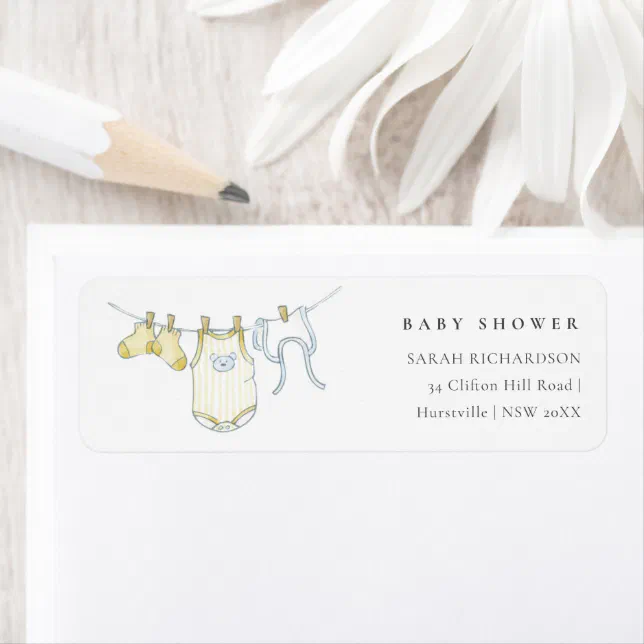 Cute Simple Yellow Clothesline Baby Shower Address Label | Zazzle