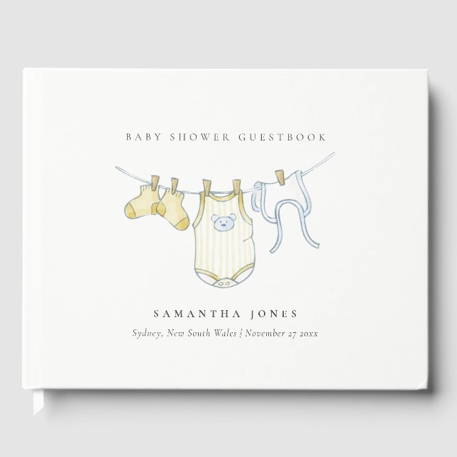 Cute Simple Yellow Neutral Clothesline Baby Shower Guest Book (Front)
