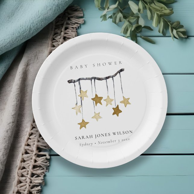 Cute Simple Yellow Neutral Star Mobile Baby Shower Paper Plates (Creator Uploaded)