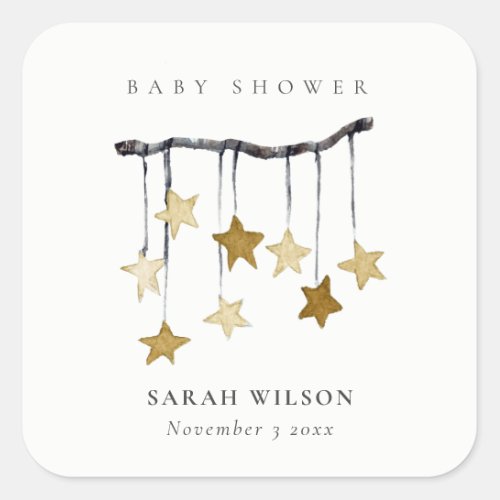 Cute Simple Yellow Neutral Star Mobile Baby Shower Square Sticker
