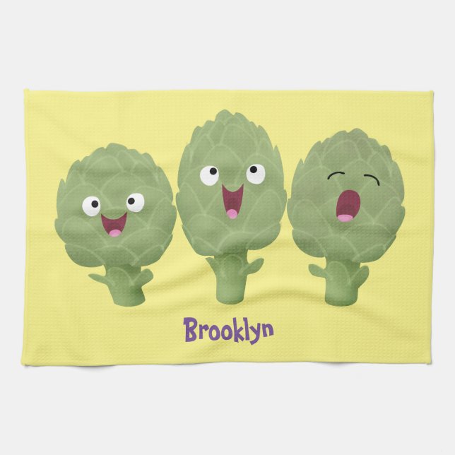 Cute singing artichokes vegetable cartoon kitchen towel (Horizontal)