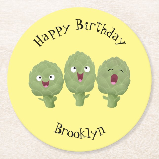 Cute singing artichokes vegetable cartoon round paper coaster (Front)
