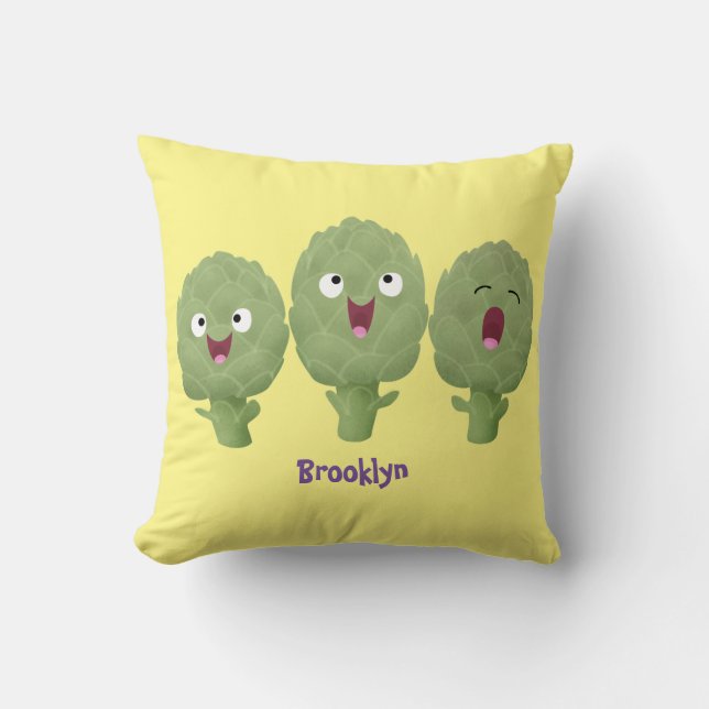 Cute singing artichokes vegetable cartoon throw pillow (Front)