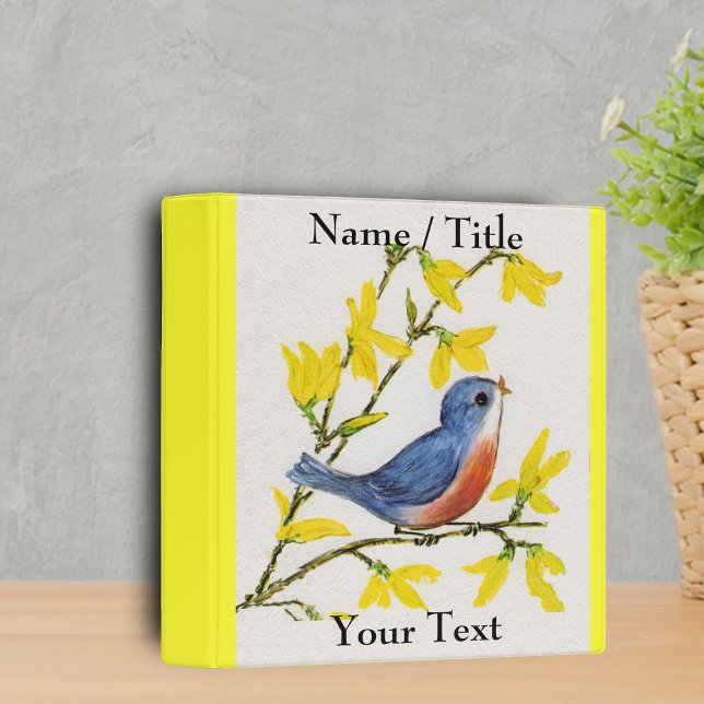 Cute Singing Blue Bird Tree Binder (Pretty blue red bird on branch with bright yellow flowers on textured look white and yellow binder.)