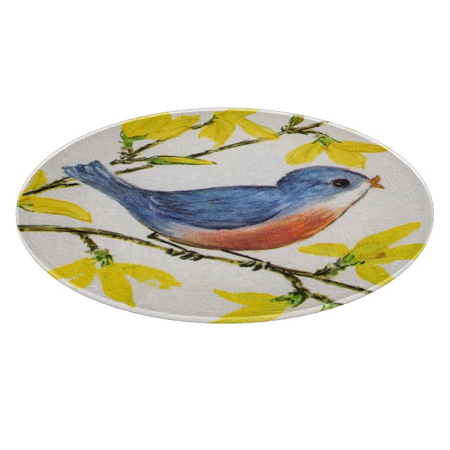 Cute Singing Blue Bird Tree Branch Cutting Board (Corner)