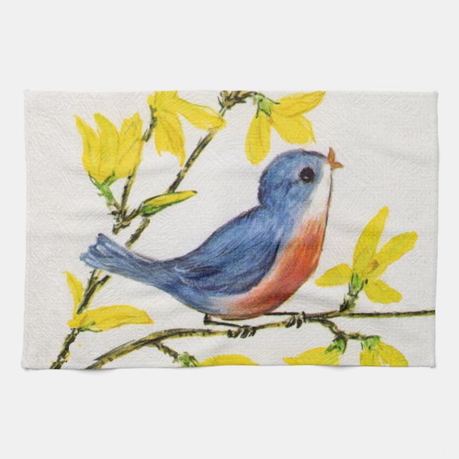Cute Singing Blue Bird Tree Branch Kitchen Towel (Horizontal)