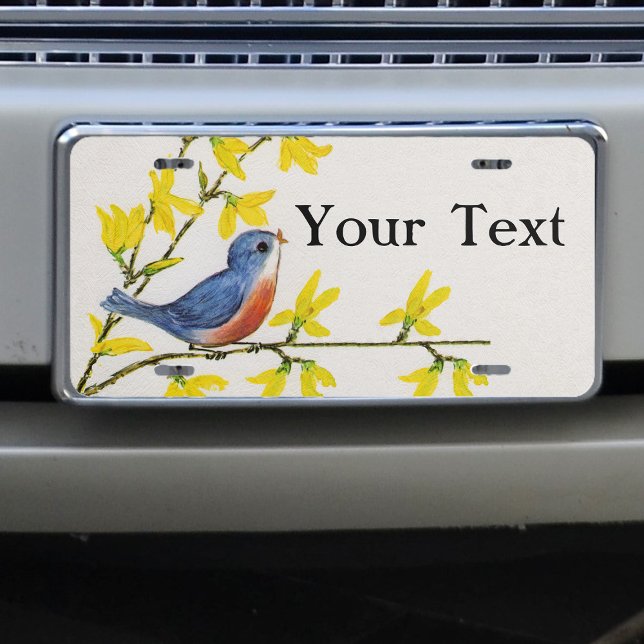 Cute Singing Blue Bird Tree Branch License Plate (Singing cute blue red bird on branch pretty yellow flowers on textured look white license plate.)