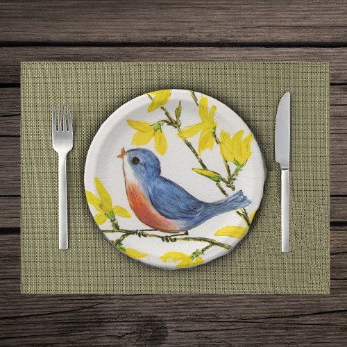 Cute Singing Blue Bird Tree Branch Paper Plates