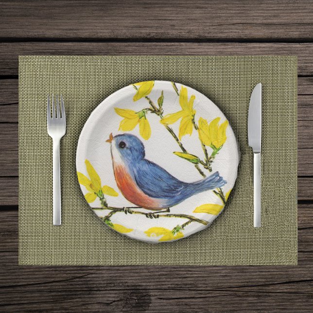 Cute Singing Blue Bird Tree Branch Paper Plates (Cute red and blue bird on branches with yellow flowers on white paper plates.)