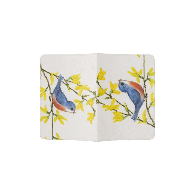 Cute Singing Blue Bird Tree Branch Passport Holder (Opened)
