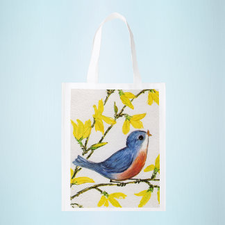 Cute Singing Blue Bird Tree Branch Reusable Grocery Bag