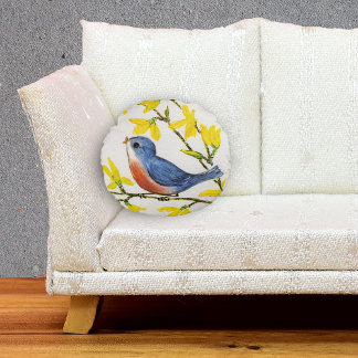 Cute Singing Blue Bird Tree Branch Round Pillow