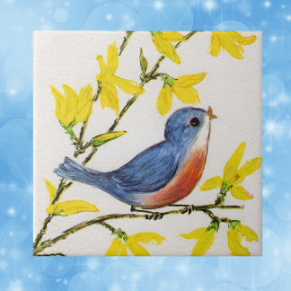 Cute Singing Blue Bird Tree Branch Tile
