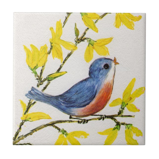 Cute Singing Blue Bird Tree Branch Tile (Front)