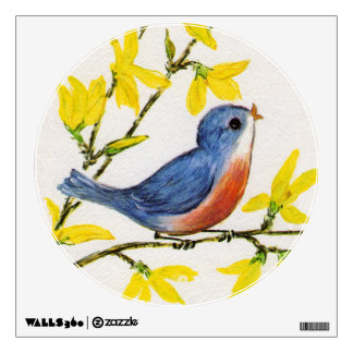 Cute Singing Blue Bird Tree Branch Wall Decal
