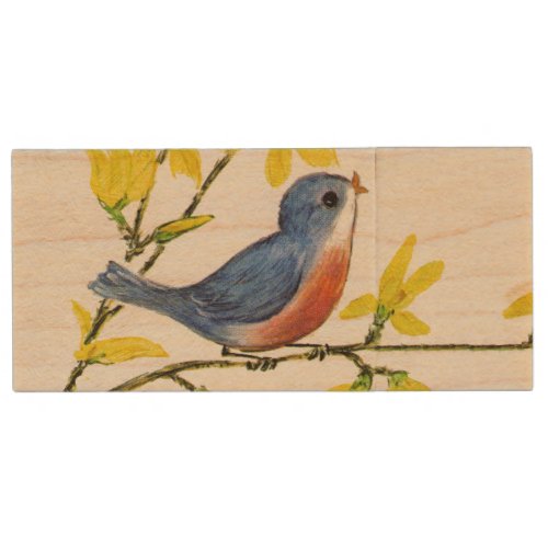 Cute Singing Blue Bird Tree Branch Wood Flash Drive