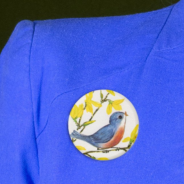 Cute Singing Blue Bird Tree Button (Pretty red blue bird on branch with pretty yellow flowers on textured white pin back button.)