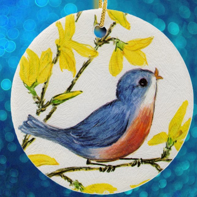 Cute Singing Blue Bird Tree Ceramic Ornament (Cute singing blue and red bird on branch yellow flowers on white hanging ornament.)