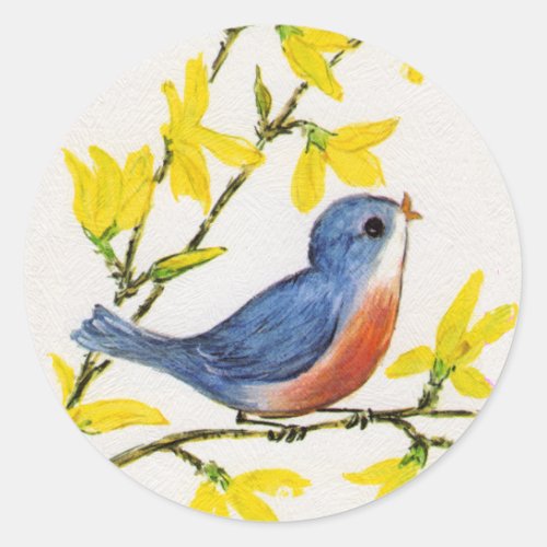 Cute Singing Blue Bird Tree Classic Round Sticker