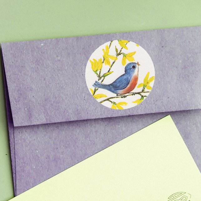 Cute Singing Blue Bird Tree Classic Round Sticker (Little red blue singing bird on branch with yellow flowers on white round sticker.)