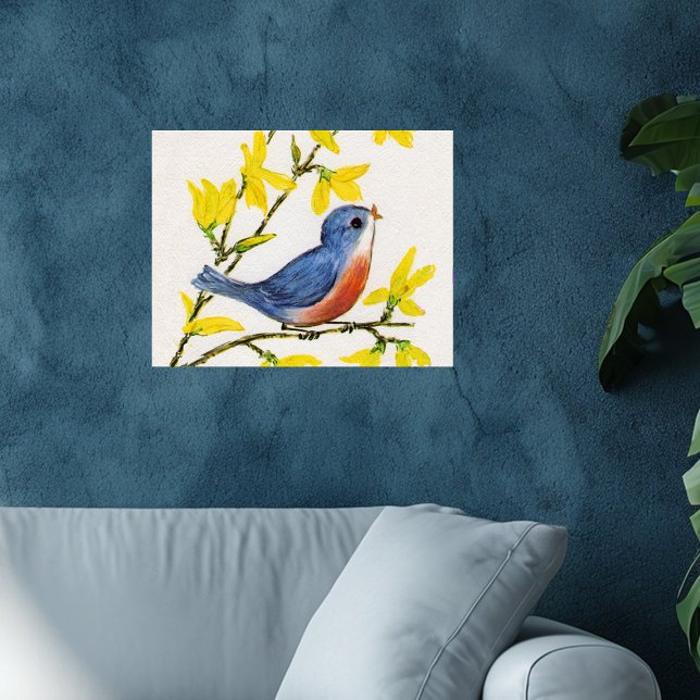 Cute Singing Blue Bird Tree Poster (Pretty singing blue red bird in tree yellow flowers on faux textured white wall poster.)