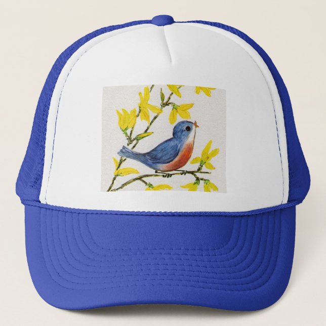 Cute Singing Blue Bird Tree Trucker Hat (Front)