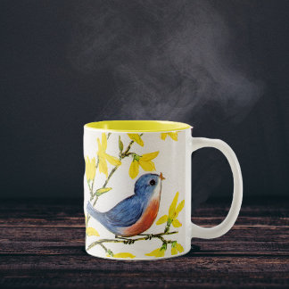 Cute Singing Blue Bird Tree Two-Tone Coffee Mug