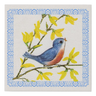 Cute Singing Blue Red Bird on Branch Flowers Frame Faux Canvas Print