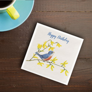 Cute Singing Blue Red Bird on Branch Yellow Flower Paper Dinner Napkins