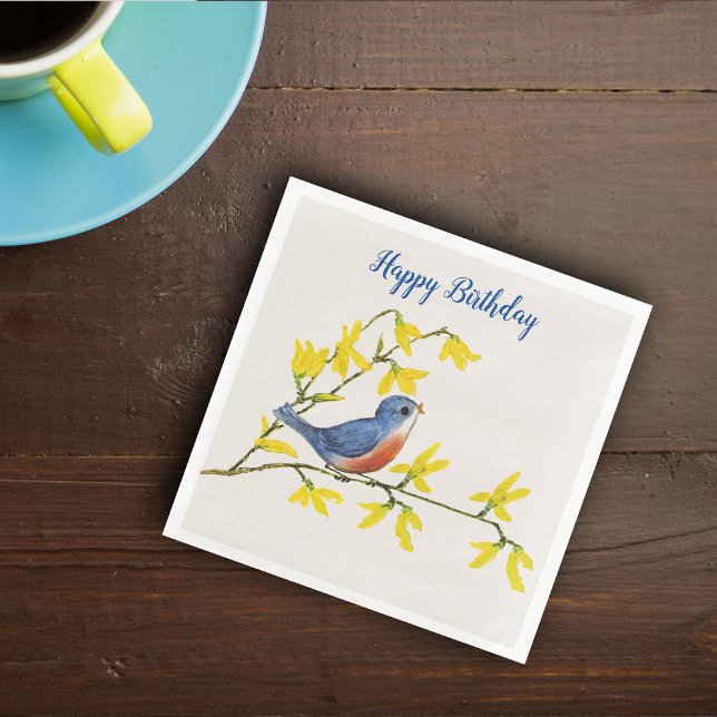 Cute Singing Blue Red Bird on Branch Yellow Flower Paper Dinner Napkins (Singing blue and red bird on branch yellow flowers on white Happy Birthday paper party napkins.)