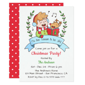 Cute Singing Boy and Reindeer Christmas Party Card