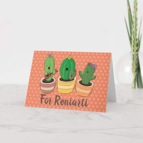 Cute singing cactus trio cartoon illustration card