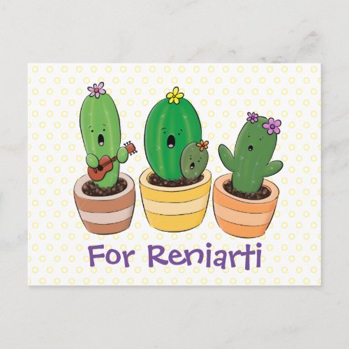 Cute singing cactus trio cartoon illustration postcard