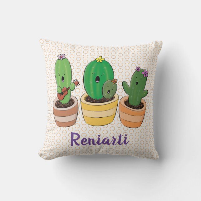 Cute singing cactus trio cartoon illustration throw pillow (Front)