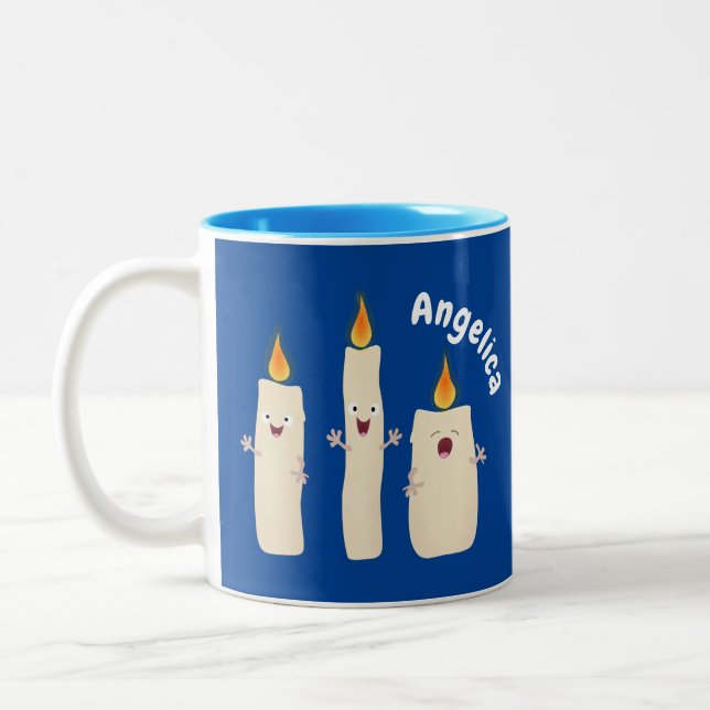 Cute singing candle trio cartoon Two-Tone coffee mug (Left)