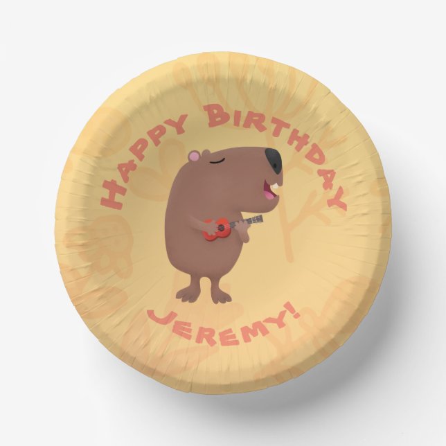 Cute singing capybara personalised birthday paper bowls (Front)